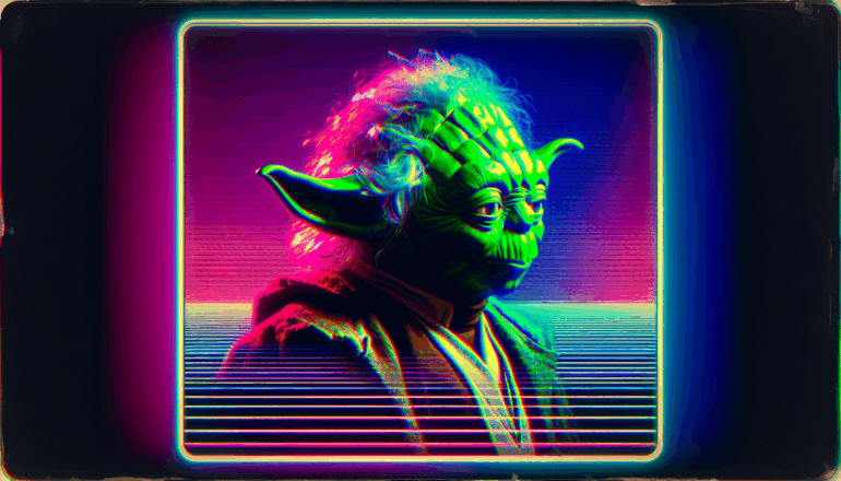 1980; using the andy warhol signature style of boarders on the left and right side of the picture, use a retro synth wave colour scheme, create an image depicting Yoda from \