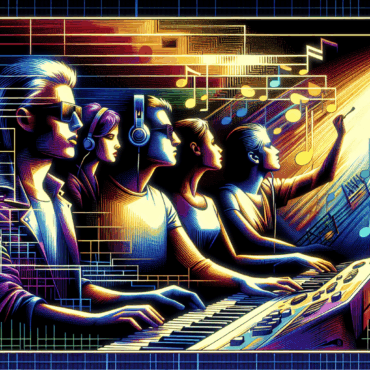 1988; using the andy warhol signature style of boarders on the left and right side of the picture, use a retro synth wave colour scheme, create an image depicting musical styles from the late 1980s