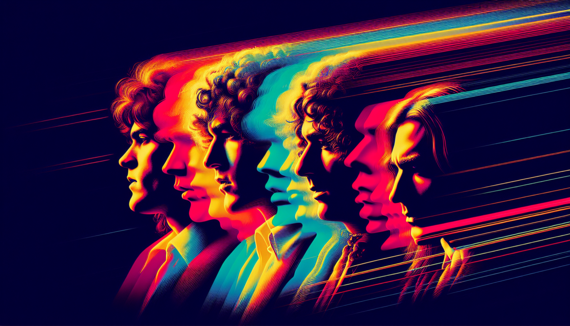 1970; create an image to look like an andy warhol style image using his signature boarders on the left and right side of the picture, use a retro synth wave aesthetic, the beatles, led zeppelin, santana;
