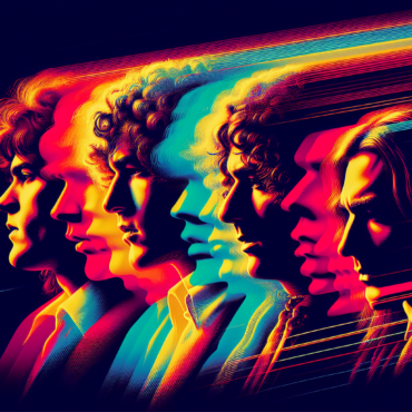 1970; create an image to look like an andy warhol style image using his signature boarders on the left and right side of the picture, use a retro synth wave aesthetic, the beatles, led zeppelin, santana;