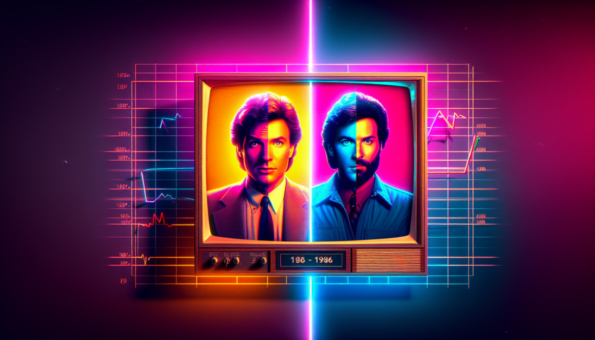 1986; using the andy warhol signature style of boarders on the left and right side of the picture, use a retro synth wave colour scheme, create an image combining the television shows, \