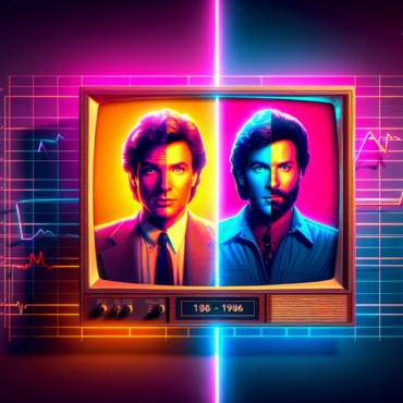 1986; using the andy warhol signature style of boarders on the left and right side of the picture, use a retro synth wave colour scheme, create an image combining the television shows, \