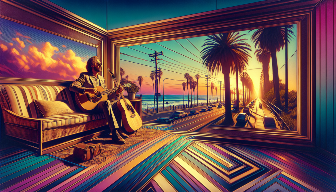 1974; using the andy warhol signature style of boarders on the left and right side of the picture, use a retro synth wave colour scheme, create an image featuring album art from Eric Clapton\'s ‘461 Ocean Boulevard’ , and John Denver\'s ‘Back Home Again’
