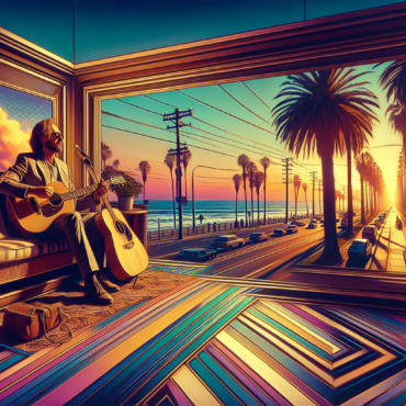 1974; using the andy warhol signature style of boarders on the left and right side of the picture, use a retro synth wave colour scheme, create an image featuring album art from Eric Clapton\'s ‘461 Ocean Boulevard’ , and John Denver\'s ‘Back Home Again’