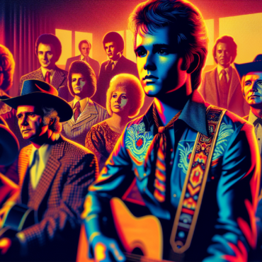 1976; using the andy warhol signature style of boarders on the left and right side of the picture, use a retro synth wave colour scheme, create an image depicting country music stars of 1976
