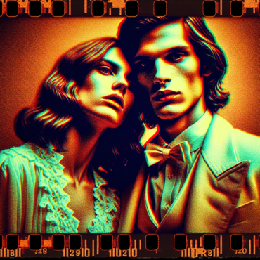 1974; using the andy warhol signature style of boarders on the left and right side of the picture, use a retro synth wave colour scheme, create an image featuring movie posters and image inspiration from The Exorcist and Papillon