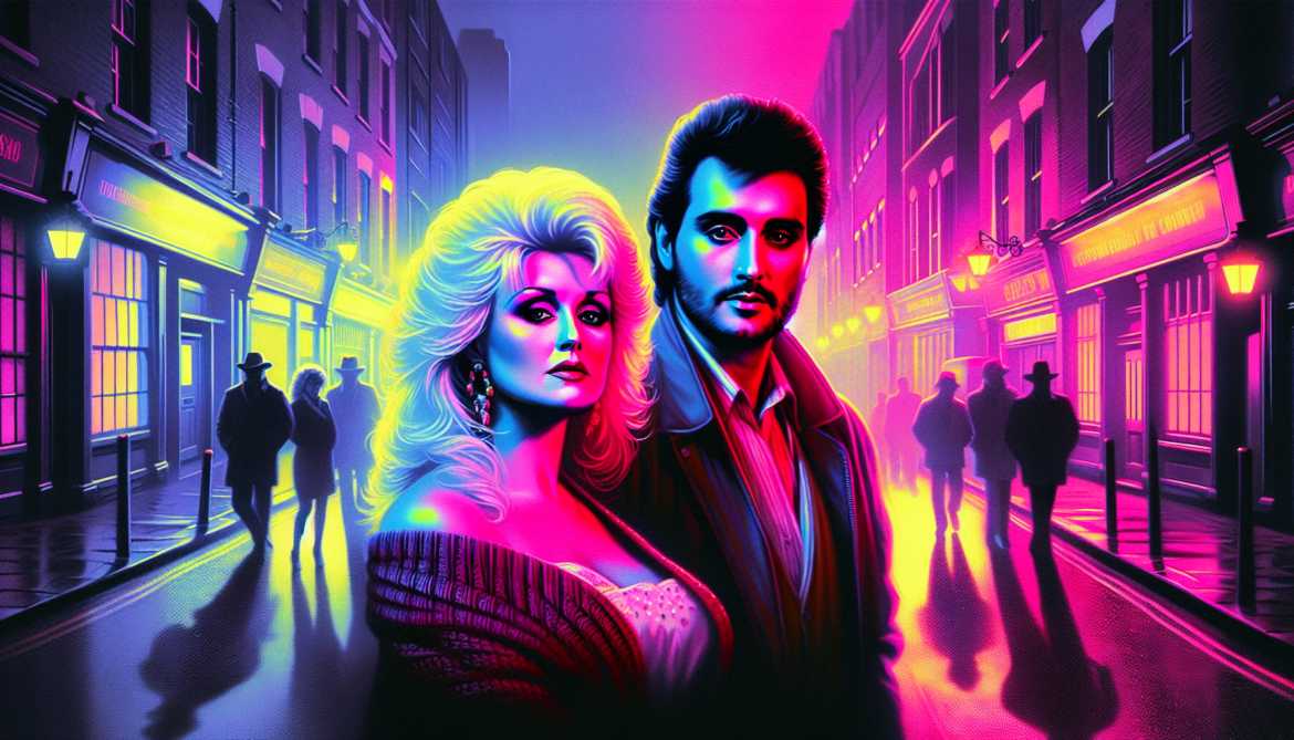 1981, iconic artists of 1981, Dolly Parton, Kenny Rogers. 1980s street with retro synthwave colour theme