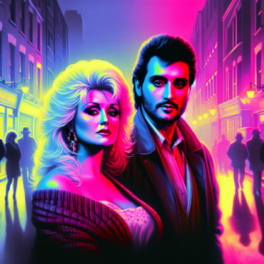 1981, iconic artists of 1981, Dolly Parton, Kenny Rogers. 1980s street with retro synthwave colour theme