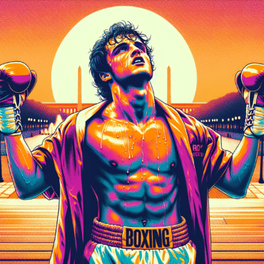 A cinematic, 1970s-inspired illustration of Rocky Balboa training in the streets of Philadelphia. Show him running up the steps of the museum, fists raised in triumph, sweat and grit visible, with Apollo Creed’s boxing poster in the background. Vibrant, warm tones with dramatic lighting, emphasizing perseverance and triumph. Andy Warhol-style pop art fused with synthwave aesthetic: bold outlines, neon accents, and retro color palette, capturing the iconic energy of 1976 cinema.