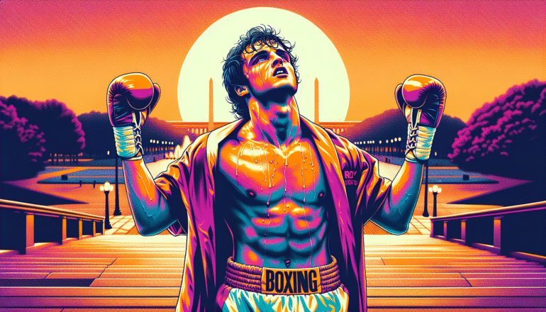 A cinematic, 1970s-inspired illustration of Rocky Balboa training in the streets of Philadelphia. Show him running up the steps of the museum, fists raised in triumph, sweat and grit visible, with Apollo Creed’s boxing poster in the background. Vibrant, warm tones with dramatic lighting, emphasizing perseverance and triumph. Andy Warhol-style pop art fused with synthwave aesthetic: bold outlines, neon accents, and retro color palette, capturing the iconic energy of 1976 cinema.