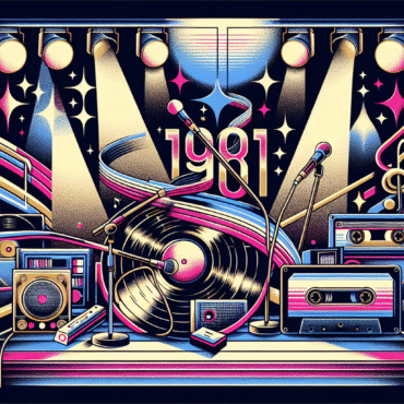 A vibrant retro illustration capturing the energy of 1981 pop music. Include neon lighting, vinyl records, cassette tapes, and stage spotlights. Feature stylized silhouettes or symbolic references to iconic artists like Journey, Stevie Nicks, Hall