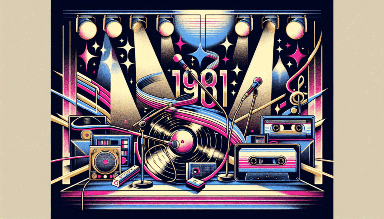 A vibrant retro illustration capturing the energy of 1981 pop music. Include neon lighting, vinyl records, cassette tapes, and stage spotlights. Feature stylized silhouettes or symbolic references to iconic artists like Journey, Stevie Nicks, Hall