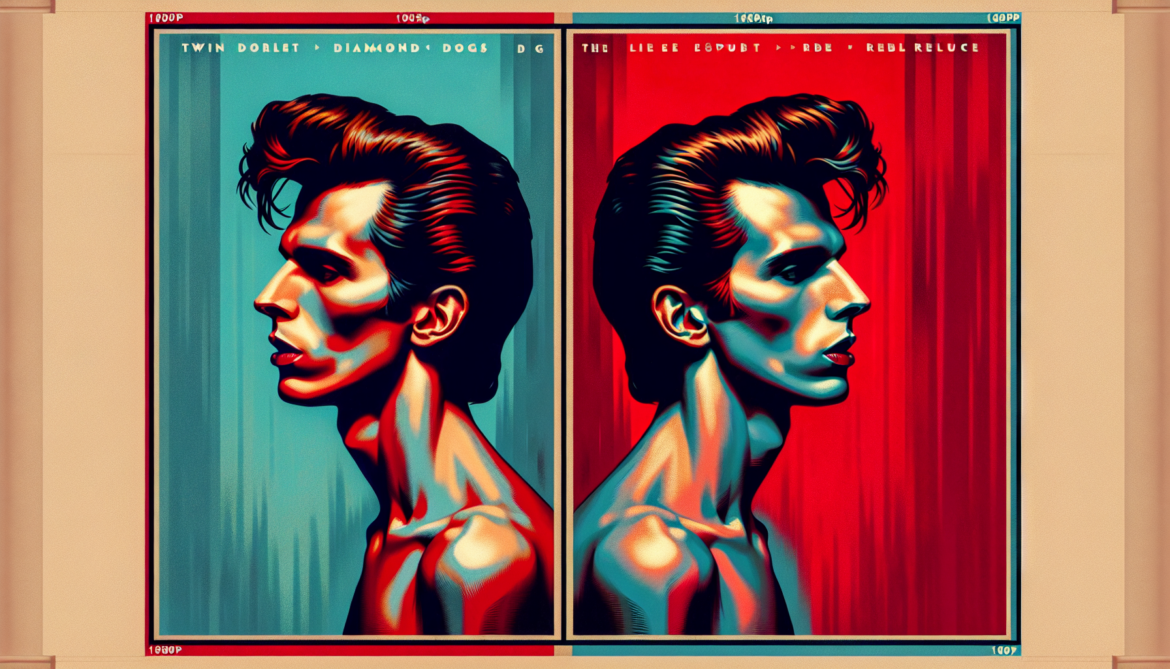 1974; using the andy warhol signature style of boarders on the left and right side of the picture, use a retro synth wave colour scheme, create an image of David Bowie\'s \
