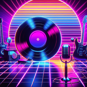 Andy Warhol-inspired pop art fused with a synthwave aesthetic, celebrating music reinvention in 1991. A neon-lit vinyl record as the centerpiece, glowing with bold pinks, purples, and electric blues. Around it, abstract pop art silhouettes of a guitar, microphone, and stage lights, symbolizing U2, R.E.M., Red Hot Chili Peppers, and Metallica. Strong color blocks, high contrast, and retro-futuristic gradients create a sense of energy and transformation. Minimal but iconic composition, blending pop art sharpness with synthwave glow.