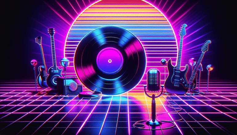 Andy Warhol-inspired pop art fused with a synthwave aesthetic, celebrating music reinvention in 1991. A neon-lit vinyl record as the centerpiece, glowing with bold pinks, purples, and electric blues. Around it, abstract pop art silhouettes of a guitar, microphone, and stage lights, symbolizing U2, R.E.M., Red Hot Chili Peppers, and Metallica. Strong color blocks, high contrast, and retro-futuristic gradients create a sense of energy and transformation. Minimal but iconic composition, blending pop art sharpness with synthwave glow.