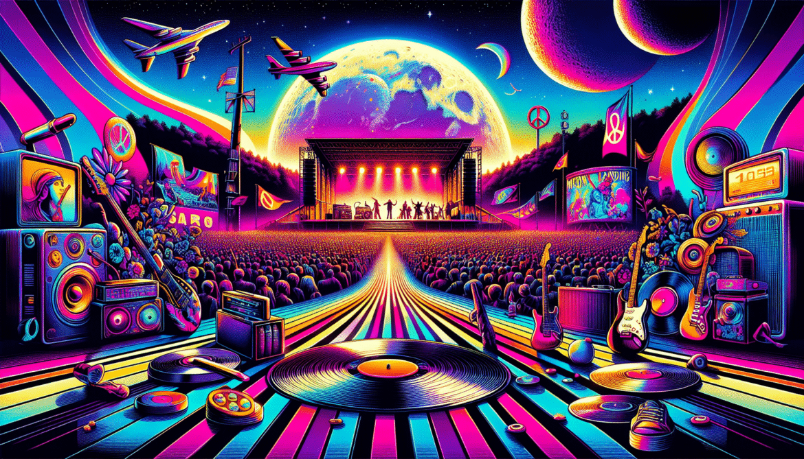 Andy Warhol–style pop art fused with synthwave aesthetic, featuring iconic 1969 music imagery—psychedelic guitars, Woodstock stage, peace signs, vinyl records, and festival crowds—in hot pink, electric blue, neon purple, and acid yellow. Bold halftone textures, retro‑futuristic gradient sky, and subtle moon landing and protest poster elements in the background. High‑contrast, glossy finish, cinematic 16:9 composition.