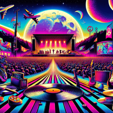 Andy Warhol–style pop art fused with synthwave aesthetic, featuring iconic 1969 music imagery—psychedelic guitars, Woodstock stage, peace signs, vinyl records, and festival crowds—in hot pink, electric blue, neon purple, and acid yellow. Bold halftone textures, retro‑futuristic gradient sky, and subtle moon landing and protest poster elements in the background. High‑contrast, glossy finish, cinematic 16:9 composition.