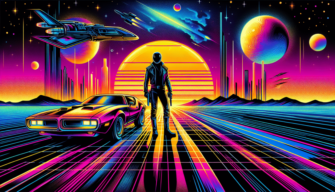 Andy Warhol–style pop art fused with synthwave aesthetic, featuring iconic 1979 sci-fi movie elements: a sleek xenomorph silhouette, a rugged post-apocalyptic road with a vintage muscle car, a starship reminiscent of the Enterprise, and abstract cosmic shapes. Neon color palette of hot pink, electric blue, neon purple, and acid yellow. Bold halftone textures and a retro-futuristic grid background with glowing sunset gradient. High-contrast, glossy finish, cinematic 16:9 aspect ratio.