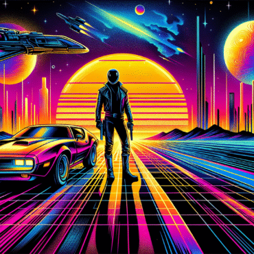 Andy Warhol–style pop art fused with synthwave aesthetic, featuring iconic 1979 sci-fi movie elements: a sleek xenomorph silhouette, a rugged post-apocalyptic road with a vintage muscle car, a starship reminiscent of the Enterprise, and abstract cosmic shapes. Neon color palette of hot pink, electric blue, neon purple, and acid yellow. Bold halftone textures and a retro-futuristic grid background with glowing sunset gradient. High-contrast, glossy finish, cinematic 16:9 aspect ratio.