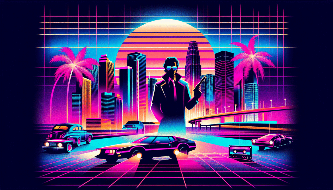 Andy Warhol–style pop art fused with synthwave aesthetic, featuring iconic 1980s TV detectives and crimefighters silhouettes against neon-lit Miami cityscapes, tropical palms, and retro Ferraris. Vibrant neon palette of hot pink, electric blue, neon purple, and acid yellow. Bold halftone textures, retro-futuristic grid background with glowing sunset gradient. Includes subtle elements like aviator sunglasses, cassette tapes, typewriters, and vintage mustaches. High-contrast, glossy finish, cinematic 16:9 aspect ratio.