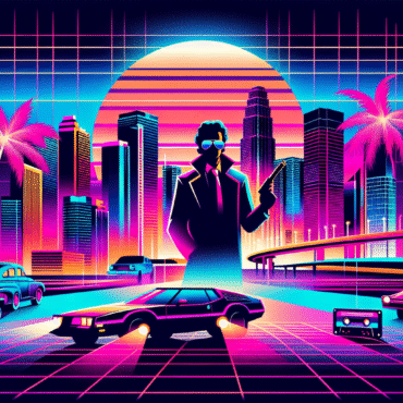 Andy Warhol–style pop art fused with synthwave aesthetic, featuring iconic 1980s TV detectives and crimefighters silhouettes against neon-lit Miami cityscapes, tropical palms, and retro Ferraris. Vibrant neon palette of hot pink, electric blue, neon purple, and acid yellow. Bold halftone textures, retro-futuristic grid background with glowing sunset gradient. Includes subtle elements like aviator sunglasses, cassette tapes, typewriters, and vintage mustaches. High-contrast, glossy finish, cinematic 16:9 aspect ratio.