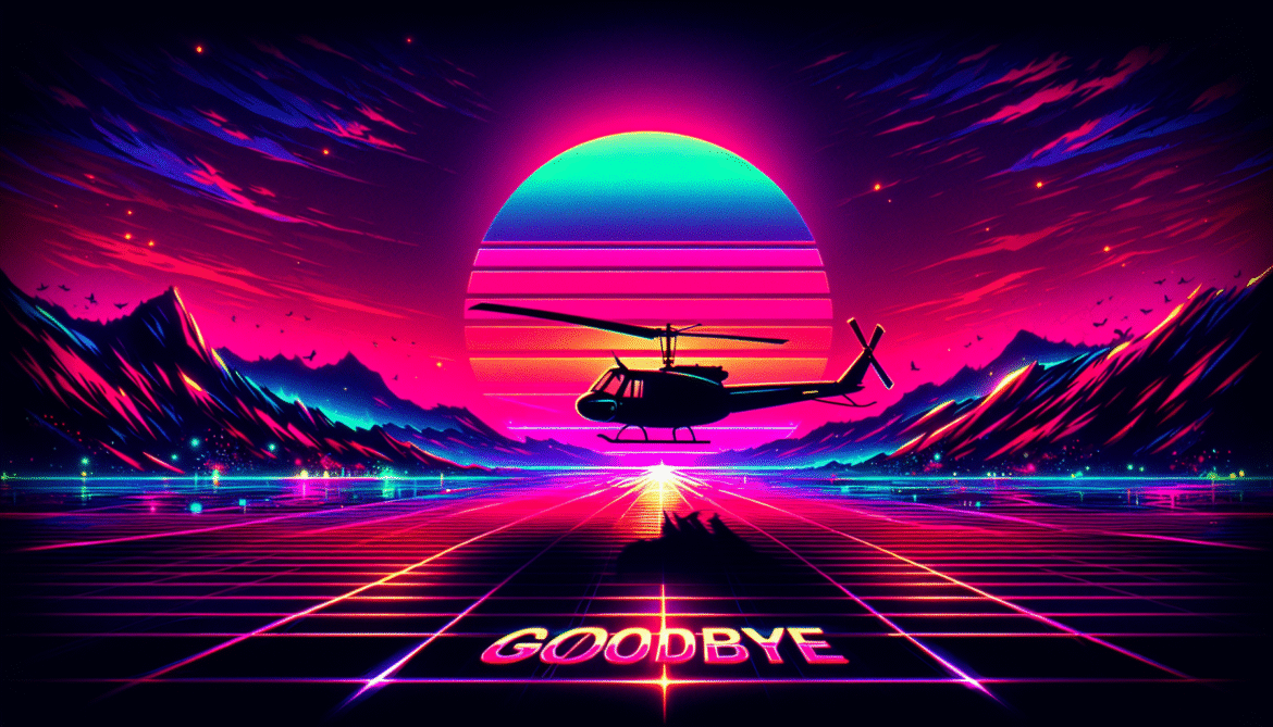 Andy Warhol–style pop art fused with synthwave neon tones, depicting an emotional farewell scene from the MAS*H finale. A helicopter silhouetted against a glowing synthwave sunset, neon pink and electric blue sky, with the word ‘GOODBYE’ spelled out in stones on the ground. Pop art textures, bold outlines, retro 1980s neon palette, nostalgic yet dramatic atmosphere.