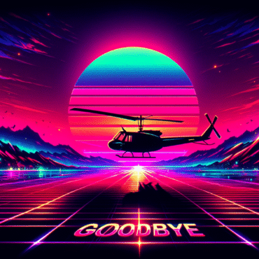 Andy Warhol–style pop art fused with synthwave neon tones, depicting an emotional farewell scene from the MAS*H finale. A helicopter silhouetted against a glowing synthwave sunset, neon pink and electric blue sky, with the word ‘GOODBYE’ spelled out in stones on the ground. Pop art textures, bold outlines, retro 1980s neon palette, nostalgic yet dramatic atmosphere.