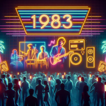 1983, soundtrack of the 80s, The Police, Michael Jackson, Men at Work, Irene Cara. 1983 neon sign in the background