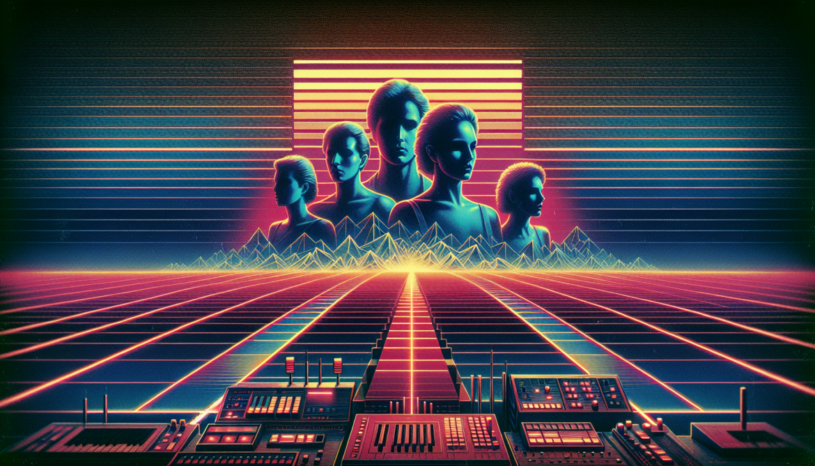 1976; using the andy warhol signature style of boarders on the left and right side of the picture, use a retro synth wave colour scheme, create an image featuring album art from Wings - Wings at the speed of sound, and Fleetwood Mac