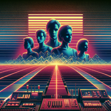 1976; using the andy warhol signature style of boarders on the left and right side of the picture, use a retro synth wave colour scheme, create an image featuring album art from Wings - Wings at the speed of sound, and Fleetwood Mac