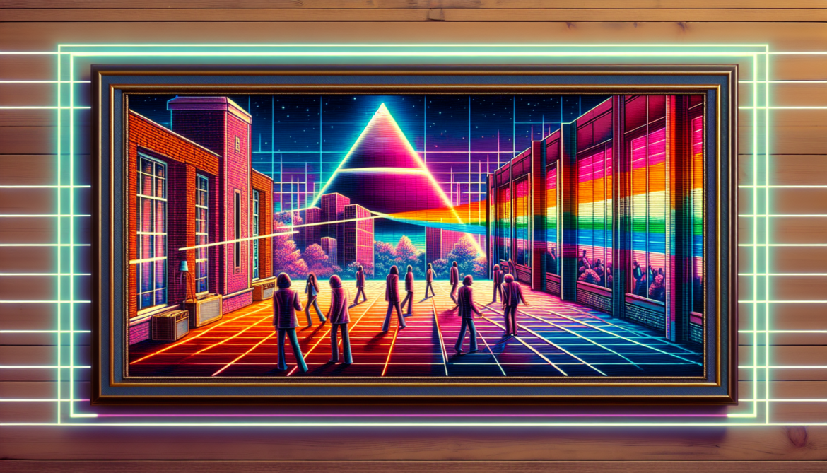 1980; using the andy warhol signature style of boarders on the left and right side of the picture, use a retro synth wave colour scheme, create an image featuring albums like Pink Floyd\'s The Wall, and Billy Joel\'s Glass House