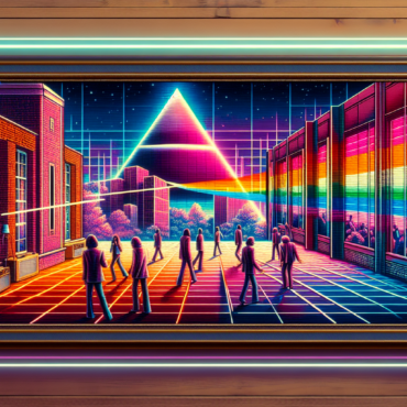 1980; using the andy warhol signature style of boarders on the left and right side of the picture, use a retro synth wave colour scheme, create an image featuring albums like Pink Floyd\'s The Wall, and Billy Joel\'s Glass House