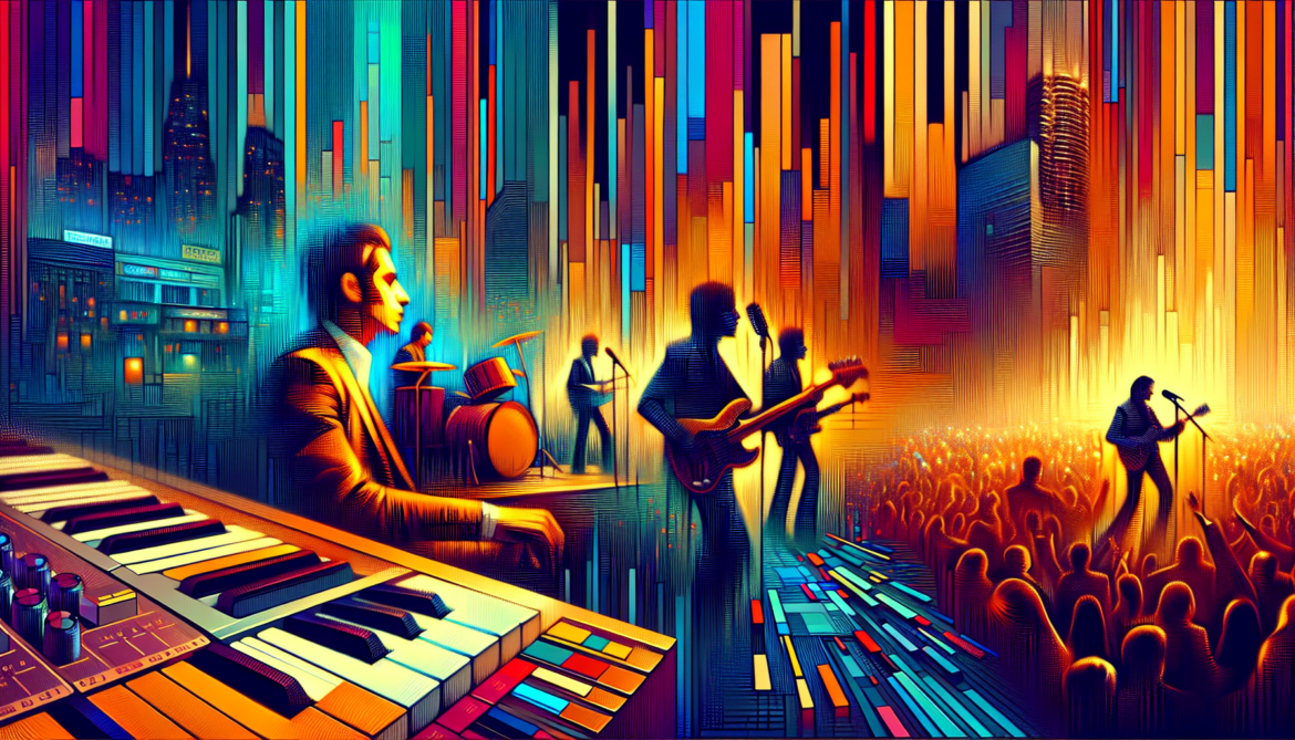 1972; using the andy warhol signature style of boarders on the left and right side of the picture, use a retro synth wave colour scheme, create an image about a symphony of sounds using rolling stones, elton john, and chicago