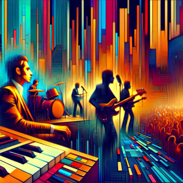 1972; using the andy warhol signature style of boarders on the left and right side of the picture, use a retro synth wave colour scheme, create an image about a symphony of sounds using rolling stones, elton john, and chicago