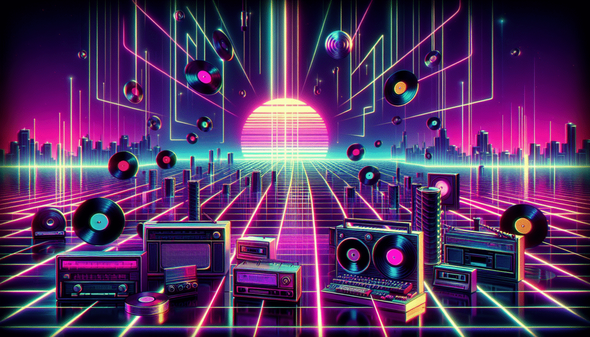 Wide-format (1920x1080) full 1980s synthwave scene. Neon grid stretches to a glowing horizon with pink, purple, and cyan skies. Floating vinyl records, retro radios, early drum machines, and synthesizers hover above the grid, radiating neon light and casting glowing reflections. Dynamic neon sound waves pulse through the air, twisting and weaving around the objects. Geometric light streaks, glowing laser lines, and retro-futuristic city silhouettes fill the background. Strong high-contrast lighting, glowing gradients, and subtle neon fog create depth and motion. Objects are stylized and exaggerated, with vibrant color blocks and reflections, minimal realism, fully cinematic synthwave aesthetic. Horizontal composition, bold neon colors, glowing horizon, retro futuristic vibe, chaotic and energetic — visualizing 1980 radio uncertainty and musical experimentation. No text, no logos, no modern elements, pure synthwave.