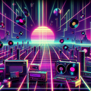 Wide-format (1920x1080) full 1980s synthwave scene. Neon grid stretches to a glowing horizon with pink, purple, and cyan skies. Floating vinyl records, retro radios, early drum machines, and synthesizers hover above the grid, radiating neon light and casting glowing reflections. Dynamic neon sound waves pulse through the air, twisting and weaving around the objects. Geometric light streaks, glowing laser lines, and retro-futuristic city silhouettes fill the background. Strong high-contrast lighting, glowing gradients, and subtle neon fog create depth and motion. Objects are stylized and exaggerated, with vibrant color blocks and reflections, minimal realism, fully cinematic synthwave aesthetic. Horizontal composition, bold neon colors, glowing horizon, retro futuristic vibe, chaotic and energetic — visualizing 1980 radio uncertainty and musical experimentation. No text, no logos, no modern elements, pure synthwave.