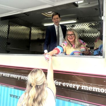 Premier David Eby and Agriculture Minister Lana Popham mark BC Dairy Day on May 13, 2025 by serving up ice cream from a truck outside the legislature. 
